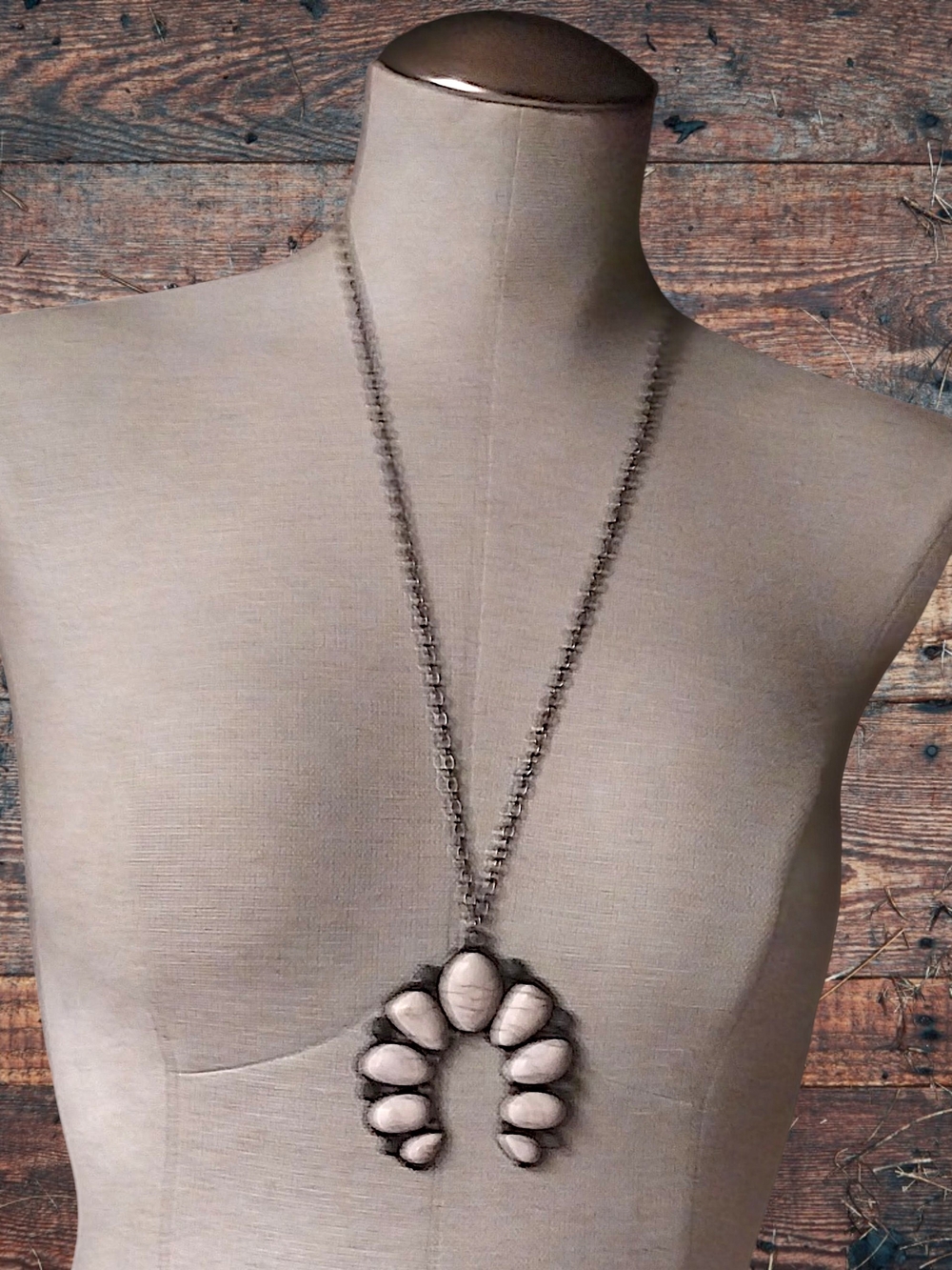 Long Silver Chain Necklace with White Stone Pendant